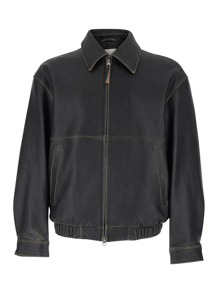 Jacket UDJU6A105G3BRUSHEDBLACK Black with Classic Collar and Leather Zip Closure for Men Lamb Outerwear