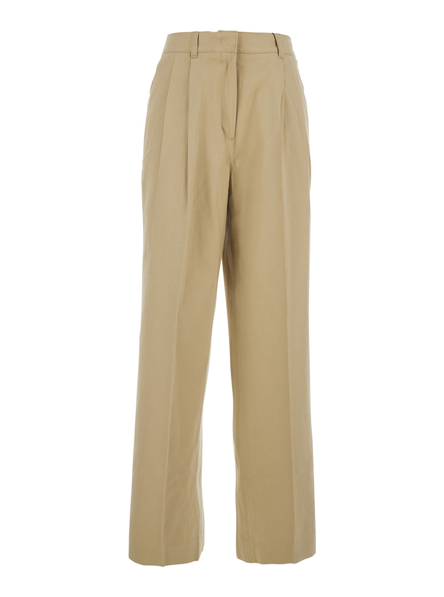 Trousers Front Pleated Beige Cotton