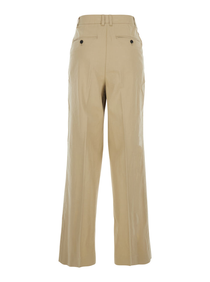 Beige Front Pleated Trousers for Women Cotton Nylon