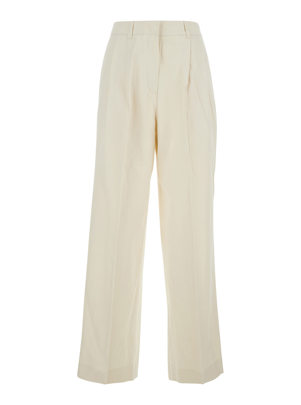 White Pants with Front Pleats in Cotton Blend for Women Nylon Trousers