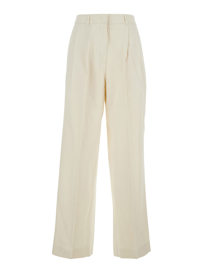 White Pants with Front Pleats in Cotton Blend for Women Nylon Trousers