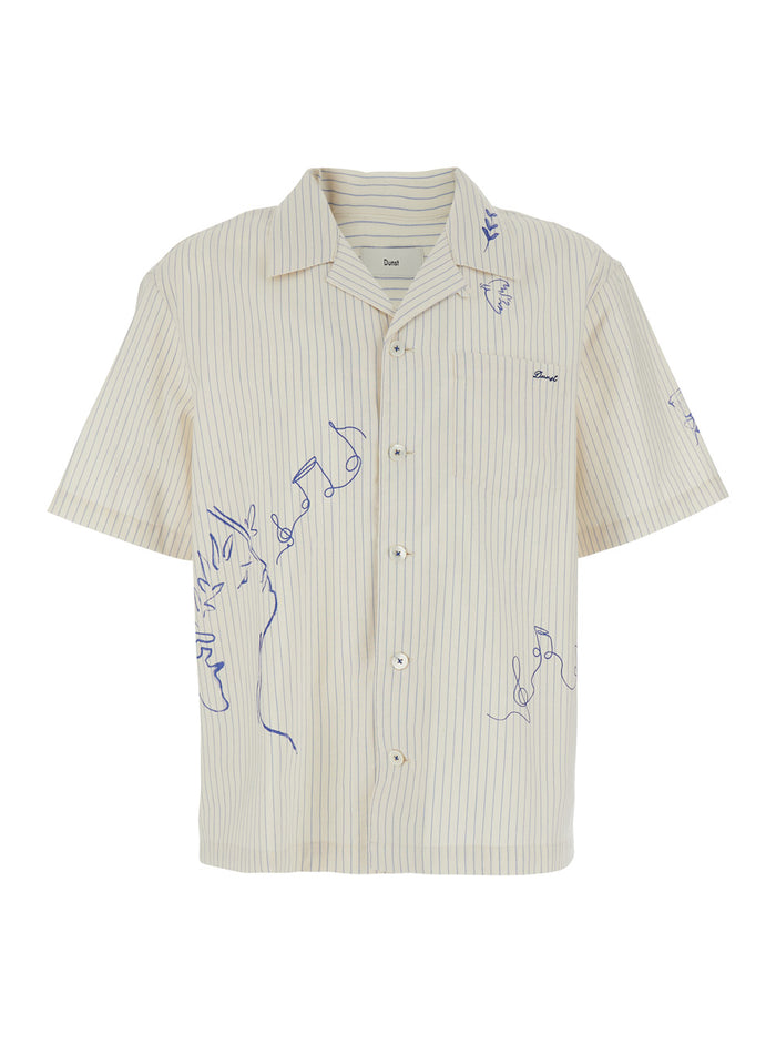 Blue Bowling Shirt With Cuban Collar And Front Back Embellishment Cotton Blend Unisex Blu Polyester Blouses