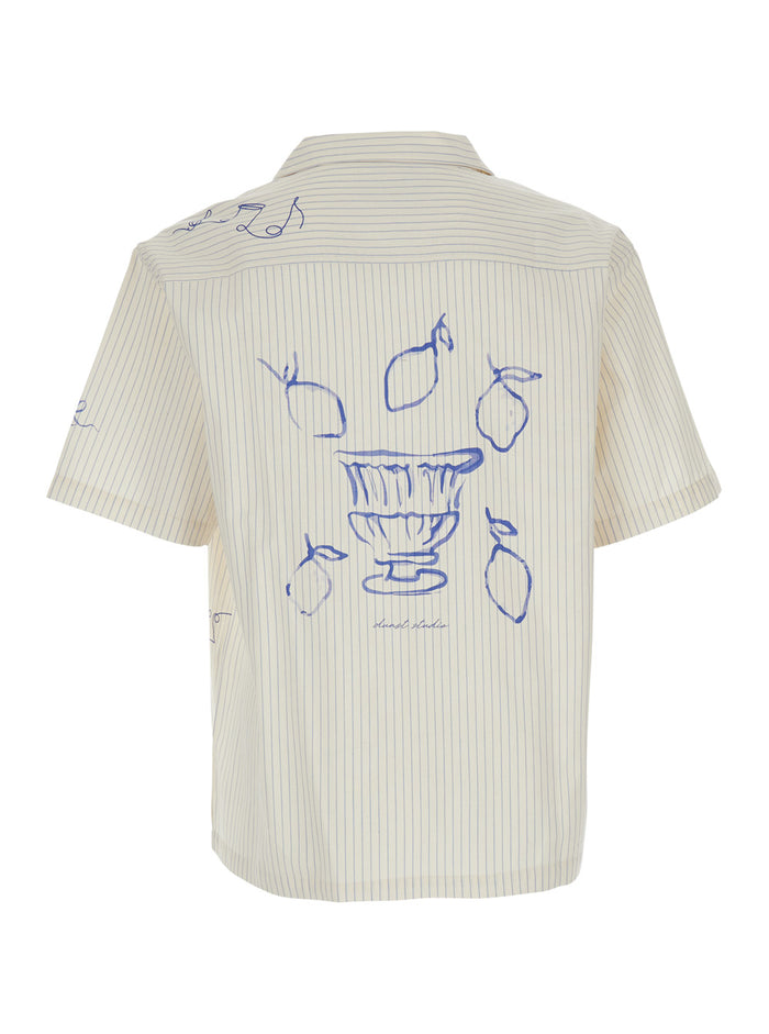 Blue Bowling Shirt With Cuban Collar And Front Back Embellishment Cotton Blend Unisex Blu Polyester Blouses