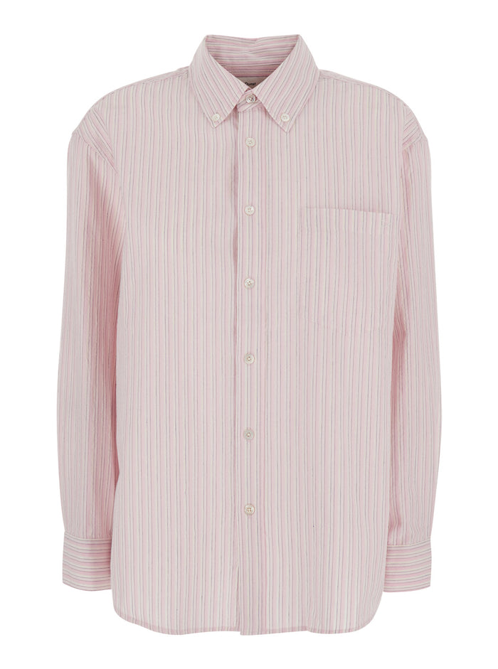Unisex Classic Striped Bd Overshirt - Pink Long Sleeve Shirt With Stripes Cotton Polyester And Blouses