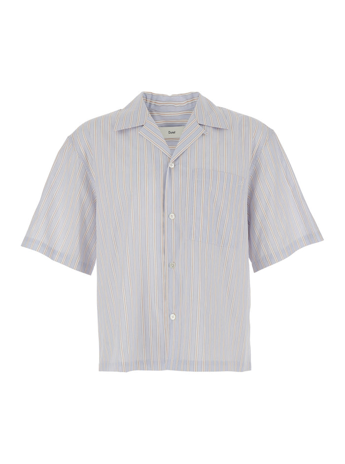 Beige Shirt With Open Collar And All-Over Striped Motif Cotton For Men Blouses