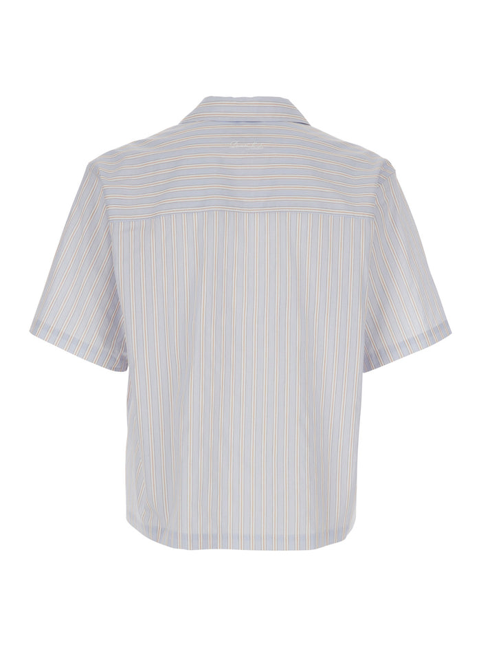 Beige Shirt With Open Collar And All-Over Striped Motif Cotton For Men Blouses