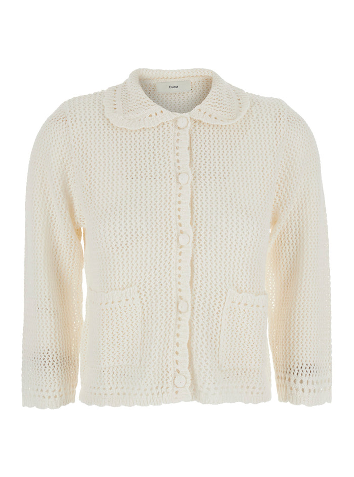 Collared Crochet Knit Cardigan White Sweater With Collar And Long Sleeves Linen Cotton For Women Jersey