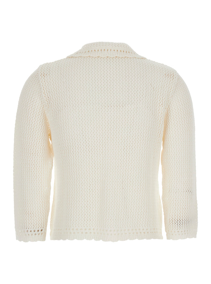 Collared Crochet Knit Cardigan White Sweater With Collar And Long Sleeves Linen Cotton For Women Jersey