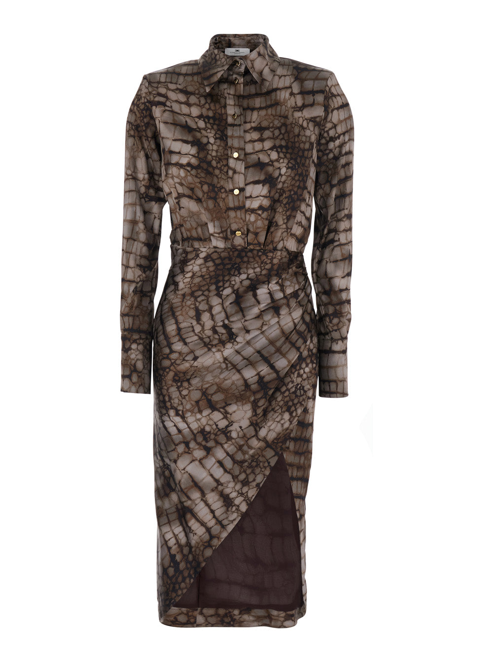 Long Dress AB89261E2644 with Classic Collar and All-Over Print in Brown Stretch Viscose for Women Elastane
