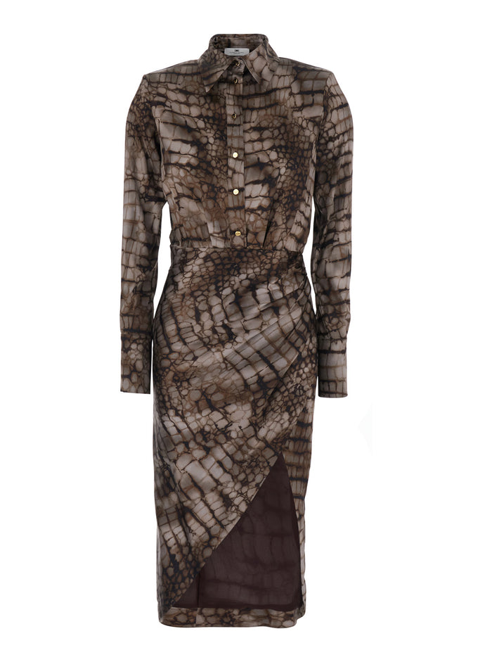 Long Dress AB89261E2644 with Classic Collar and All-Over Print in Brown Stretch Viscose for Women Elastane