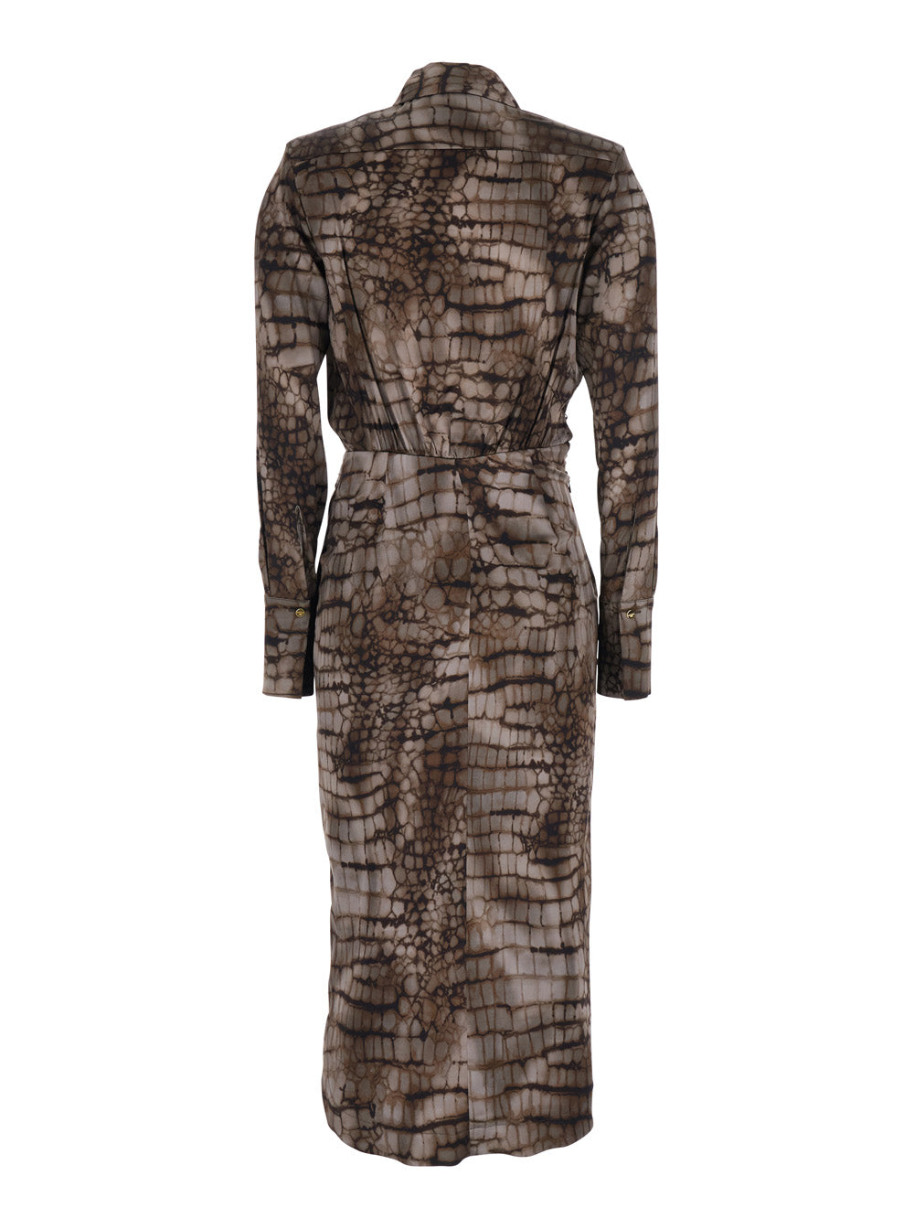 Long Dress AB89261E2644 with Classic Collar and All-Over Print in Brown Stretch Viscose for Women Elastane