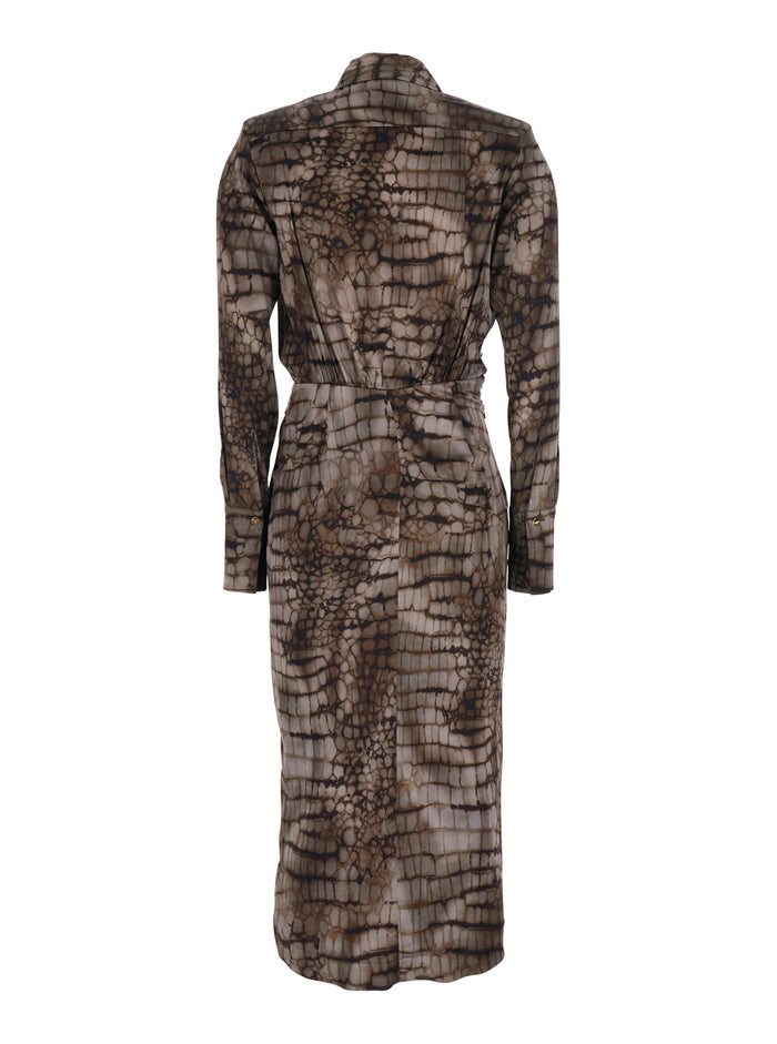 Long Dress AB89261E2644 with Classic Collar and All-Over Print in Brown Stretch Viscose for Women Elastane