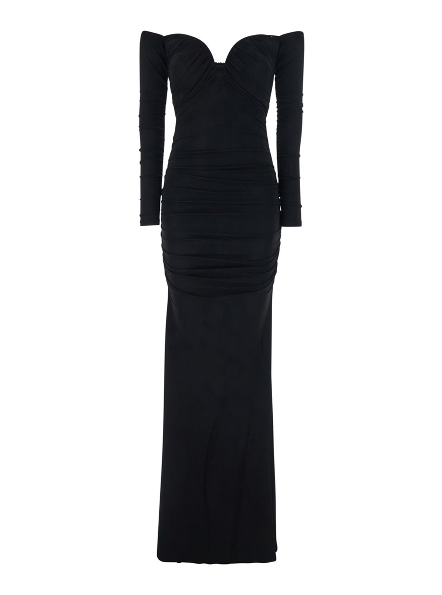 Off-Shoulder Dress With Ruffles — Black Viscose