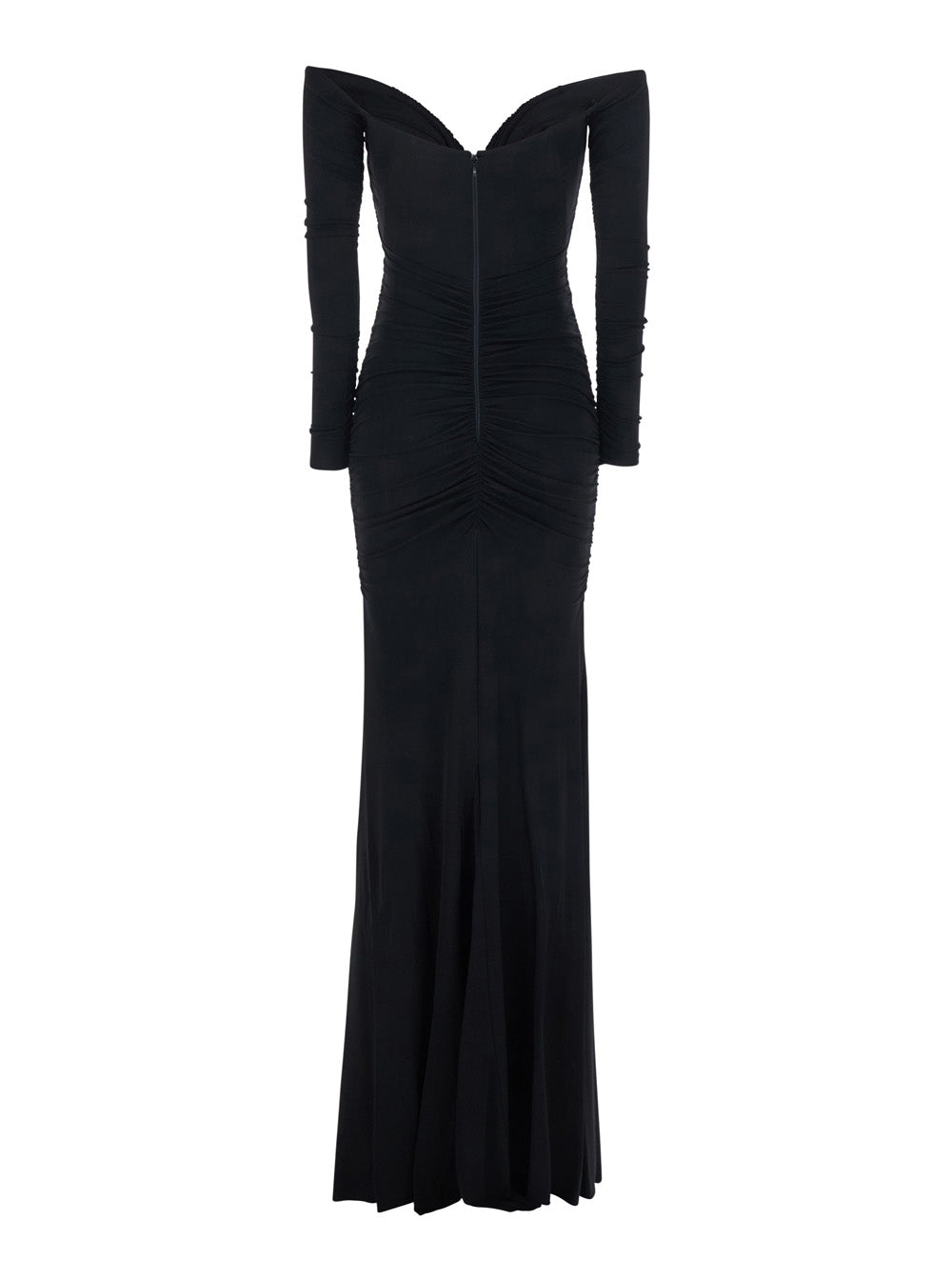 Off Shoulder Dress with Ruffles in Black Stretch Viscose for Women Elastane Long