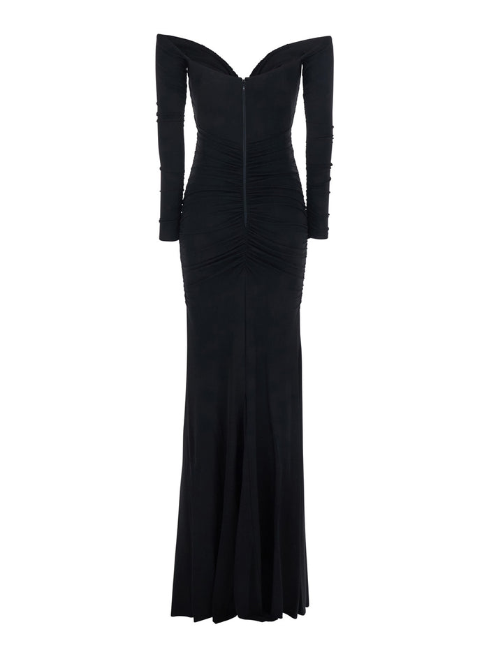 Off Shoulder Dress with Ruffles in Black Stretch Viscose for Women Elastane Long