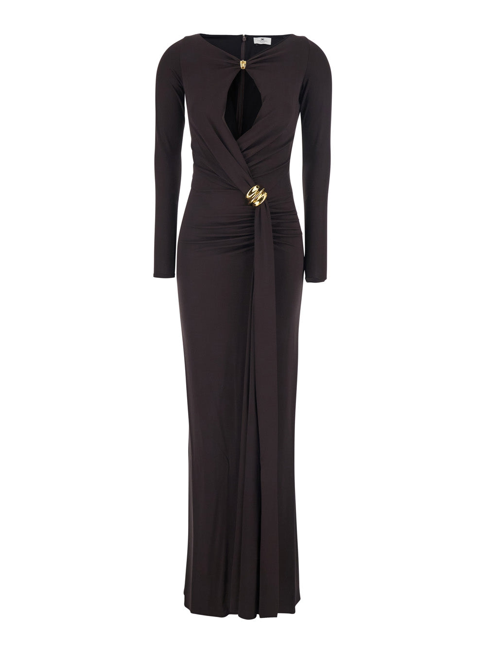Long Dress ABR1461E2EV9 with V-Neck and Drop Cut-Out in Brown Stretch Viscose for Women Elastane