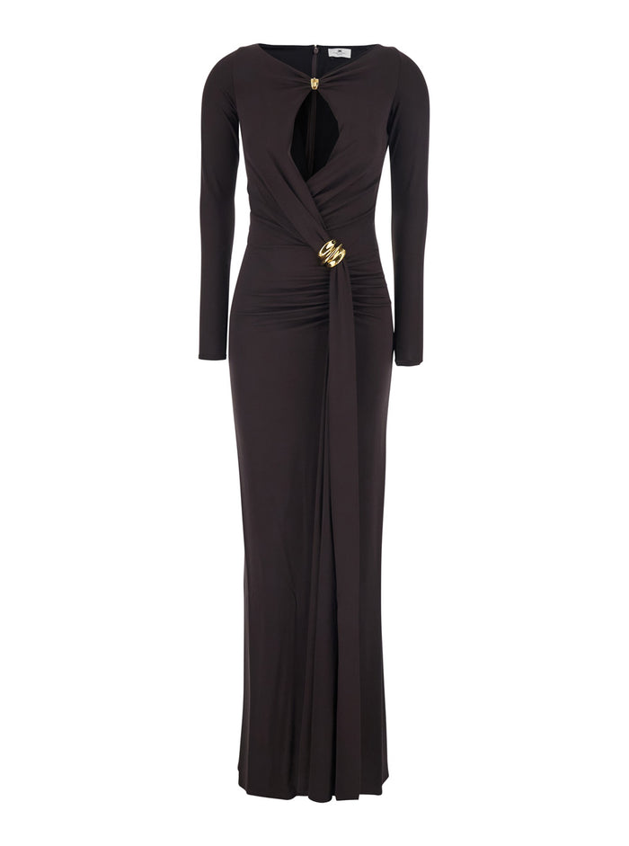 Long Dress ABR1461E2EV9 with V-Neck and Drop Cut-Out in Brown Stretch Viscose for Women Elastane