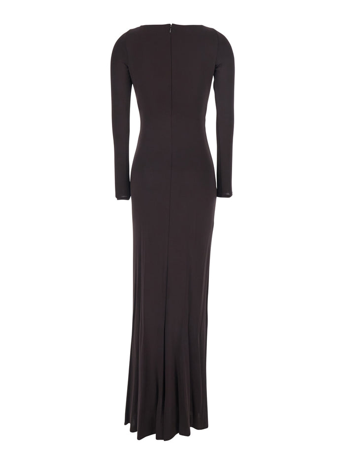 Long Dress ABR1461E2EV9 with V-Neck and Drop Cut-Out in Brown Stretch Viscose for Women Elastane