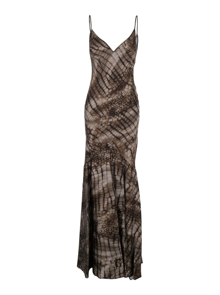 Long Sleeveless Dress with V-Neck and Leopard Print in Stretch Viscose Brown Women Elastane
