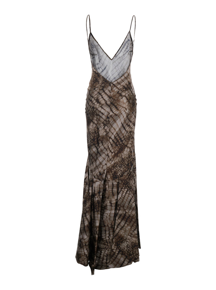 Long Sleeveless Dress with V-Neck and Leopard Print in Stretch Viscose Brown Women Elastane