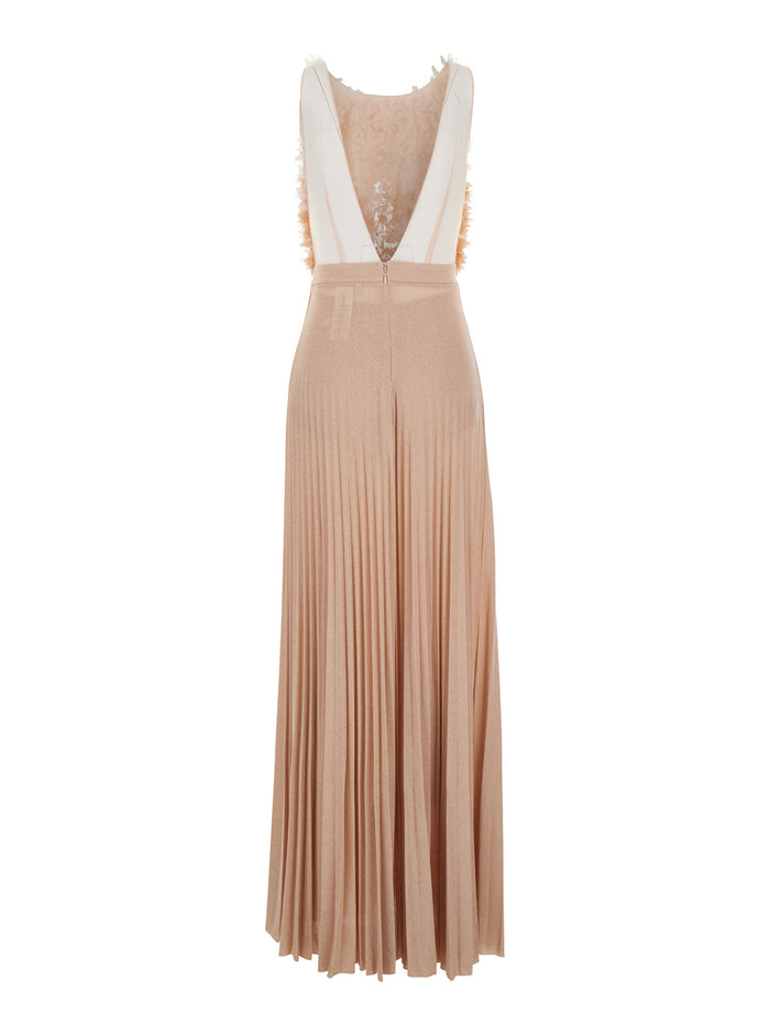 Long Tulle Dress Beige With V-Neck And Short Sleeves For Women