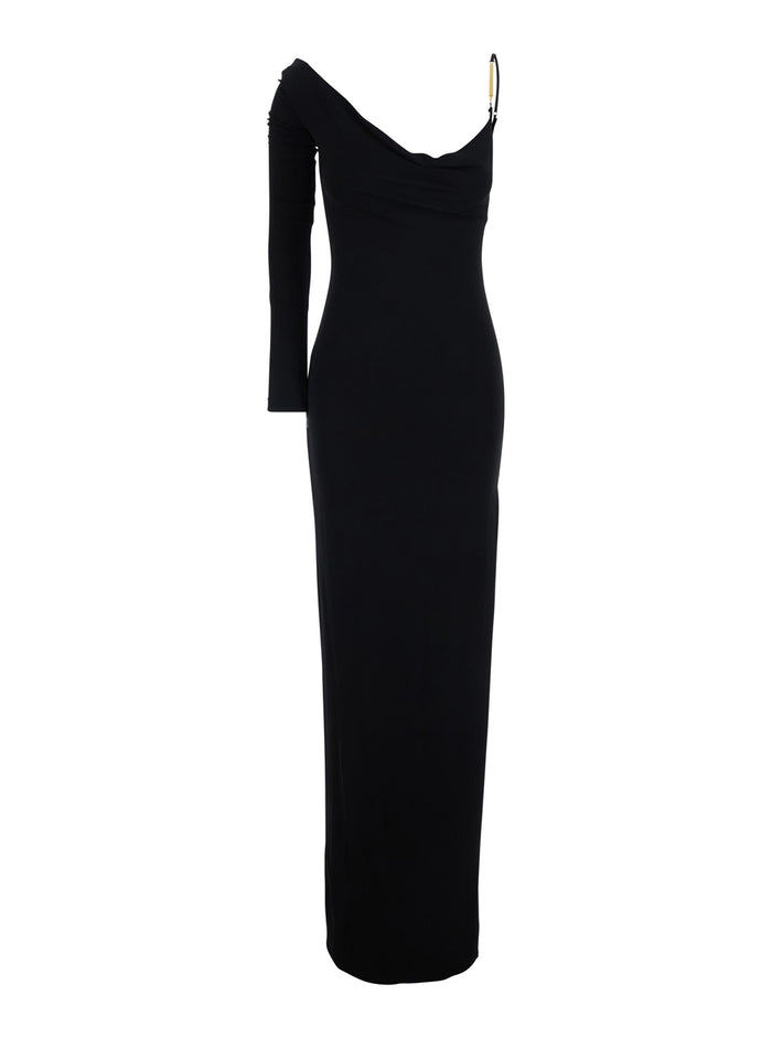 Long Dress - Black With V-Neck And Pleated Details Viscose Women Elastane