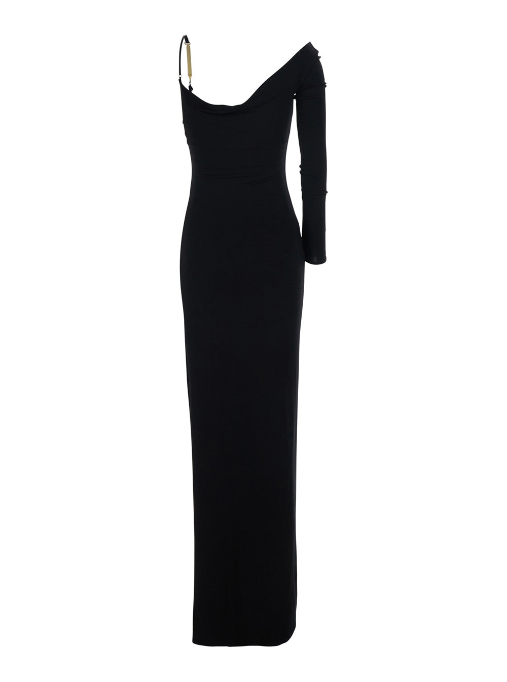 Long Dress - Black With V-Neck And Pleated Details Viscose Women Elastane