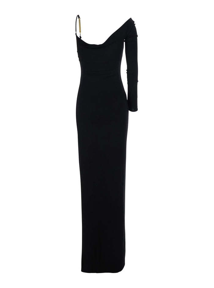 Long Dress - Black With V-Neck And Pleated Details Viscose Women Elastane