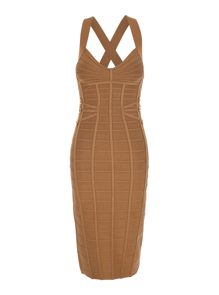 Dress Knit Beige With V-Neck And Long Sleeves In Viscose For Women