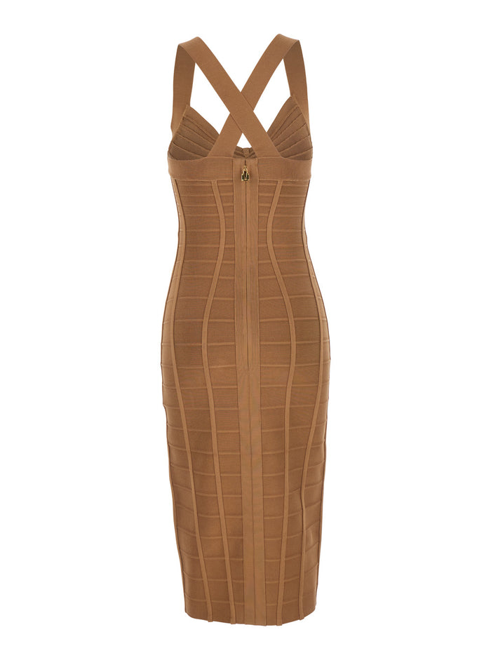 Dress Knit Beige With V-Neck And Long Sleeves In Viscose For Women