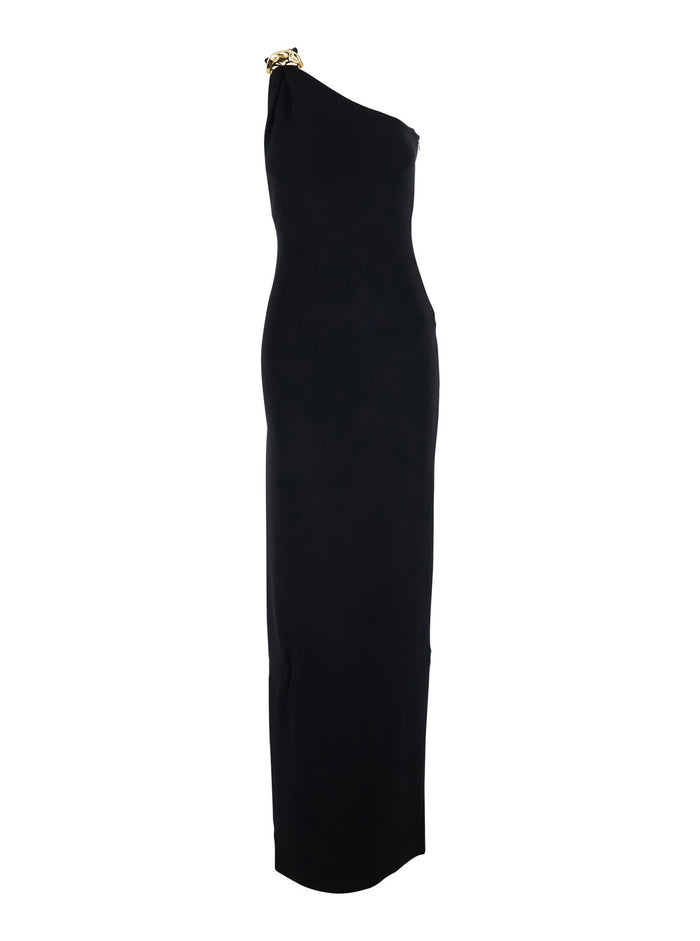 Dress Long Knit Black With V-Neck And Sleeves In Viscose For Women Polyester