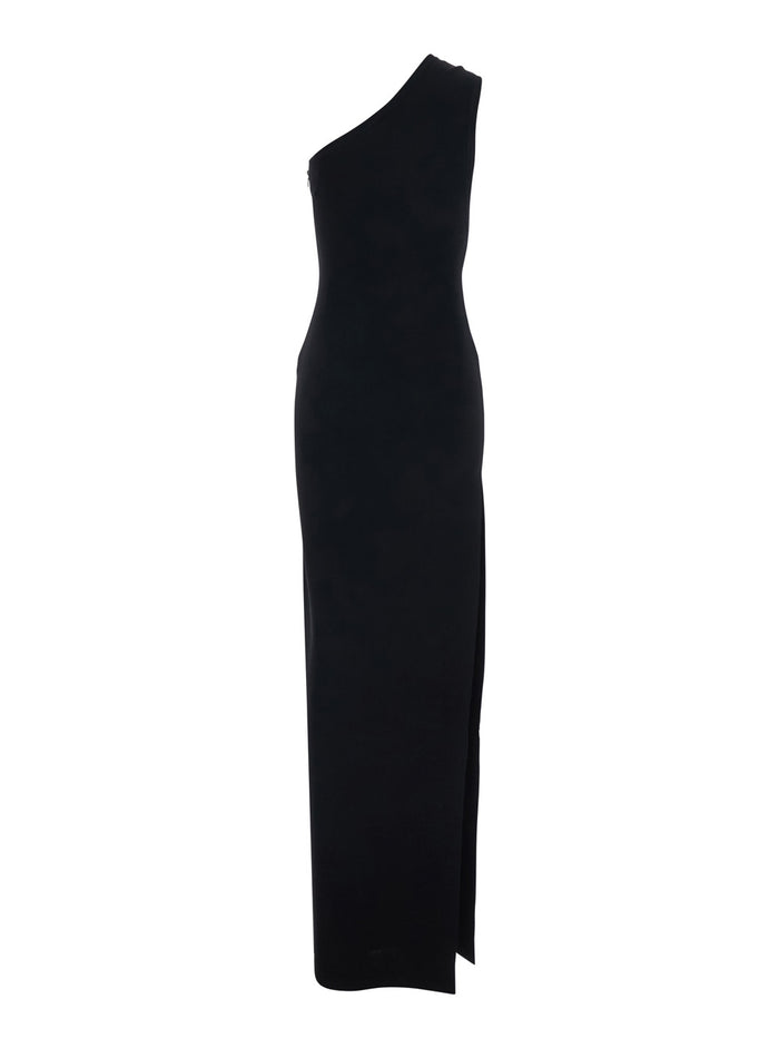 Dress Long Knit Black With V-Neck And Sleeves In Viscose For Women Polyester
