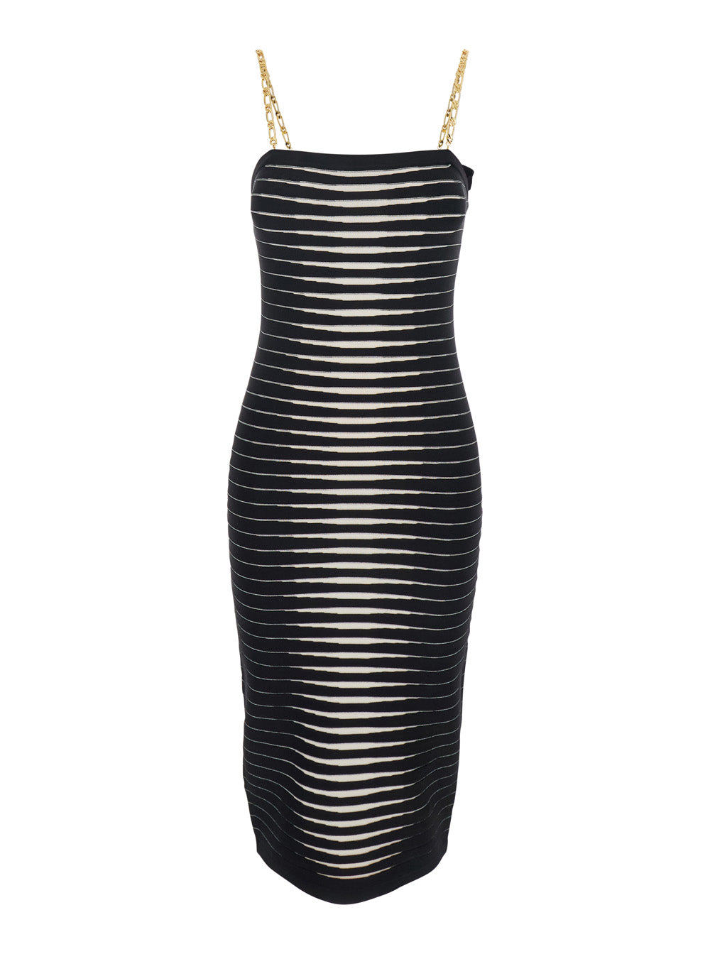 Sleeveless Dress with Removable Chain Straps and All-Over Stripe Motif in Black Stretch Viscose for Women Polyamide