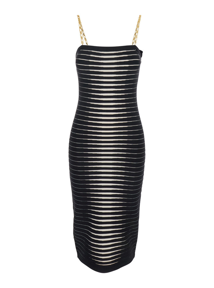 Sleeveless Dress with Removable Chain Straps and All-Over Stripe Motif in Black Stretch Viscose for Women Polyamide