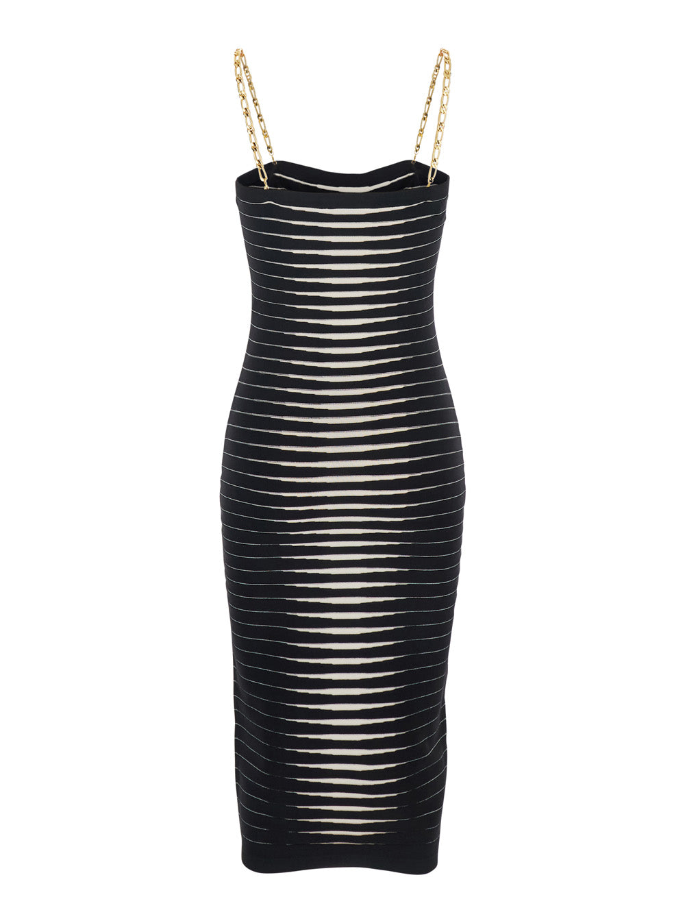 Sleeveless Dress with Removable Chain Straps and All-Over Stripe Motif in Black Stretch Viscose for Women Polyamide