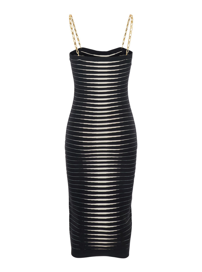 Sleeveless Dress with Removable Chain Straps and All-Over Stripe Motif in Black Stretch Viscose for Women Polyamide
