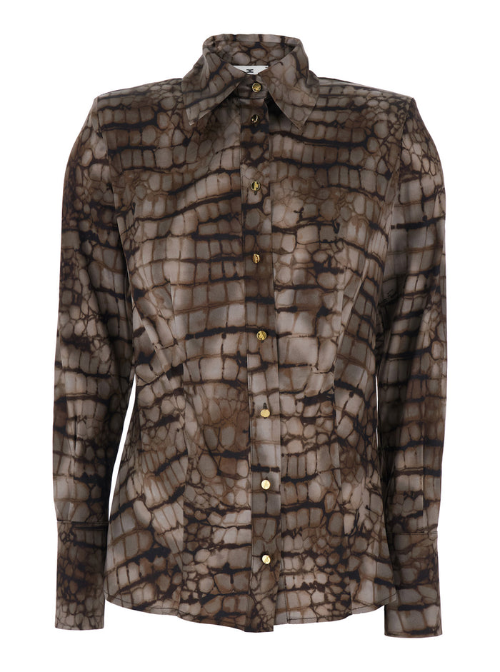 Shirt CA13161E2644 Brown with Classic Collar and All-Over Print in Stretch Viscose for Women Elastane Blouses