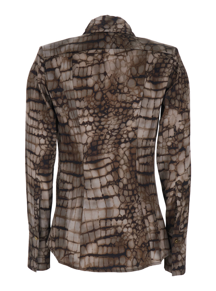 Shirt CA13161E2644 Brown with Classic Collar and All-Over Print in Stretch Viscose for Women Elastane Blouses