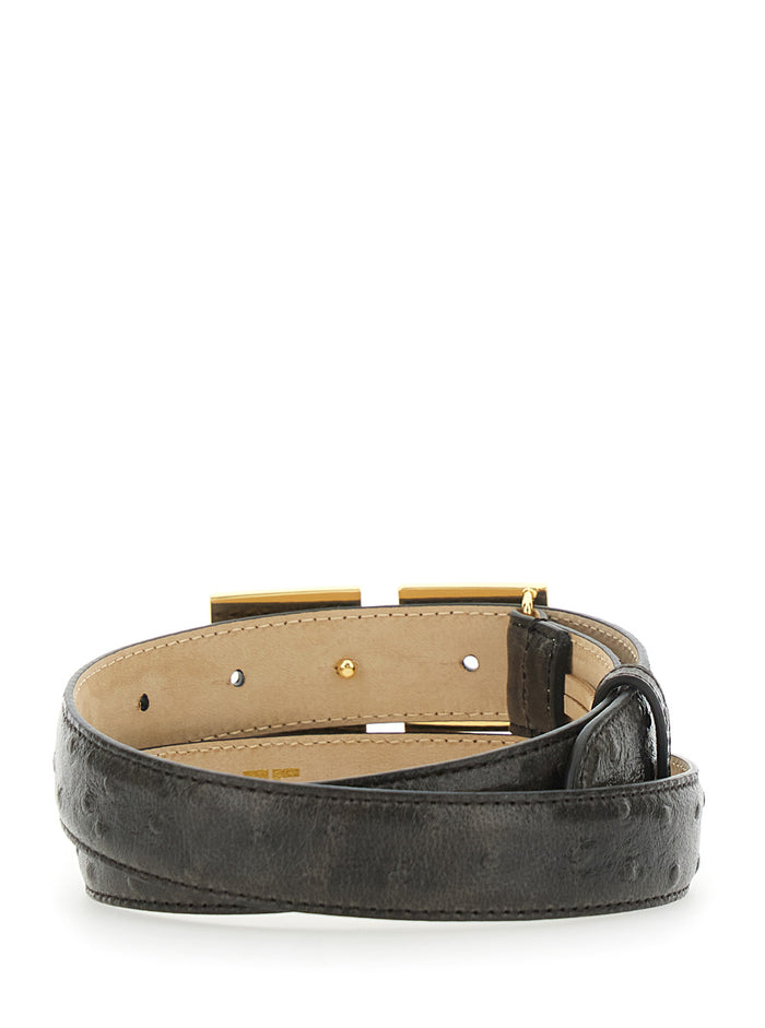 Brown Belt With Logo Plate Buckle Closure On The Front Leather For Women