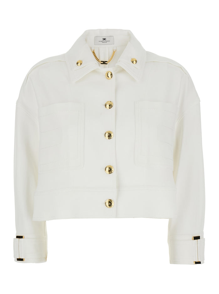 White Stretch Viscose Jacket with Jewel Buttons for Women Elastane Blazers