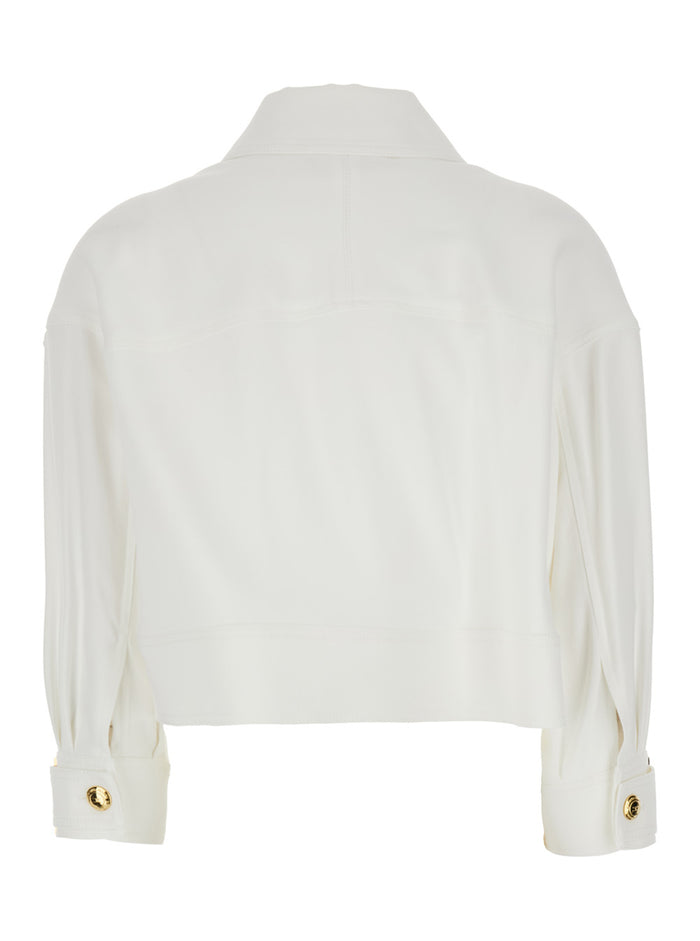 White Stretch Viscose Jacket with Jewel Buttons for Women Elastane Blazers