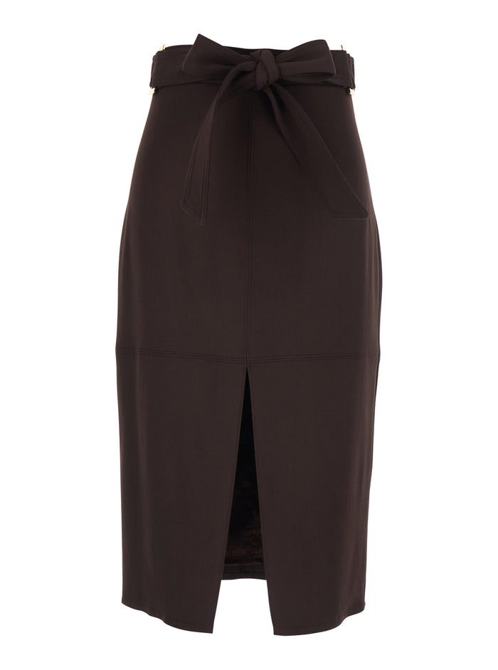 Dress GO17361E2644 with Bow Belt on the Front and Single Vent in Brown Stretch Viscose for Women Elastane Skirt