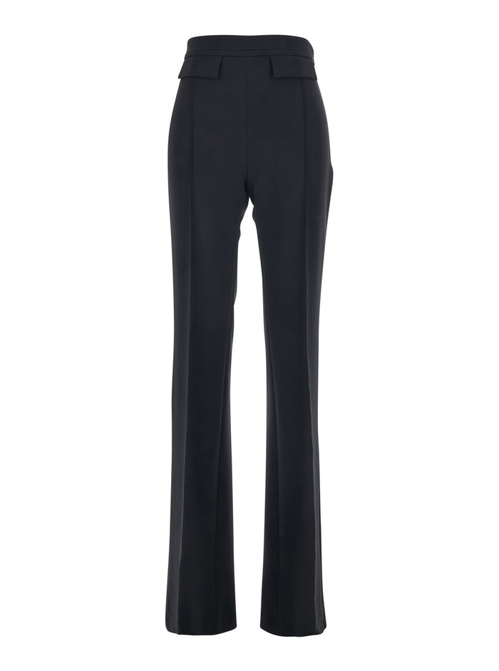 Black High-Waisted Pants with Two Front Flap Pockets in Tech Fabric Stretch Woman Polyester Elastane Trousers
