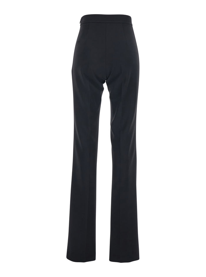 Black High-Waisted Pants with Two Front Flap Pockets in Tech Fabric Stretch Woman Polyester Elastane Trousers