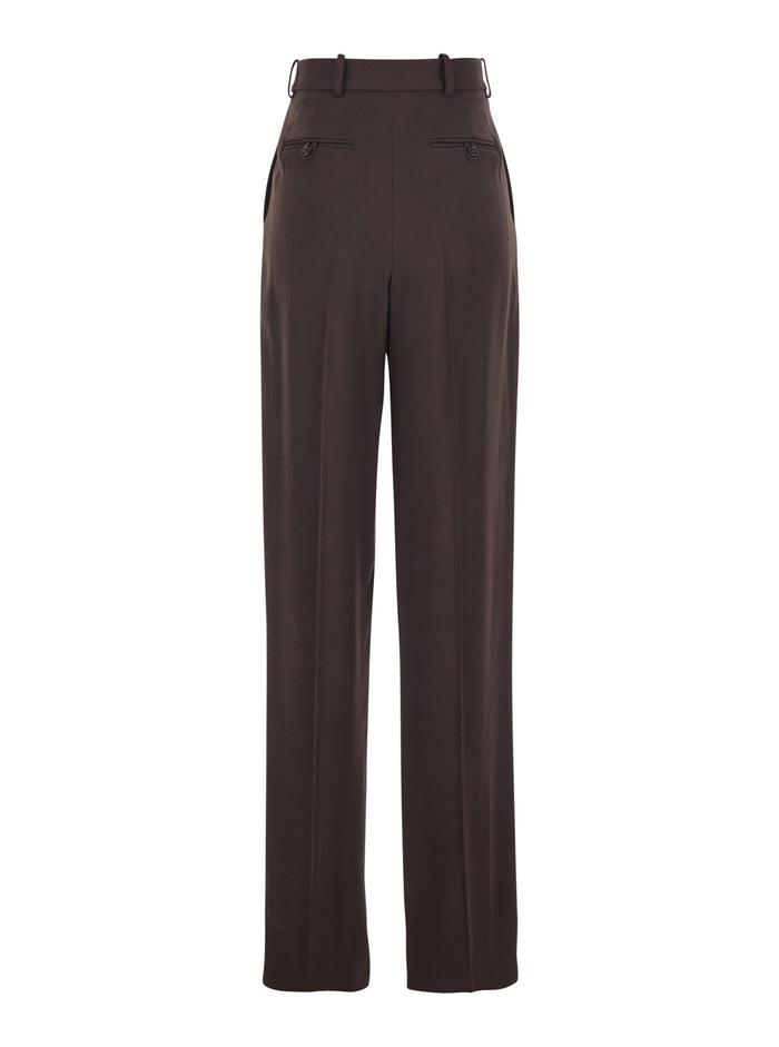 Brown Stretch Viscose Belt Loop Trousers for Women Elastane
