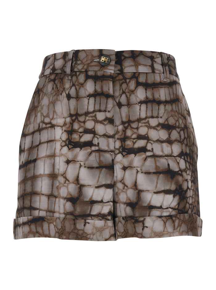 Brown Stretch Viscose Belt Loop All-Over Print Shorts for Women Elastane And Bermuda