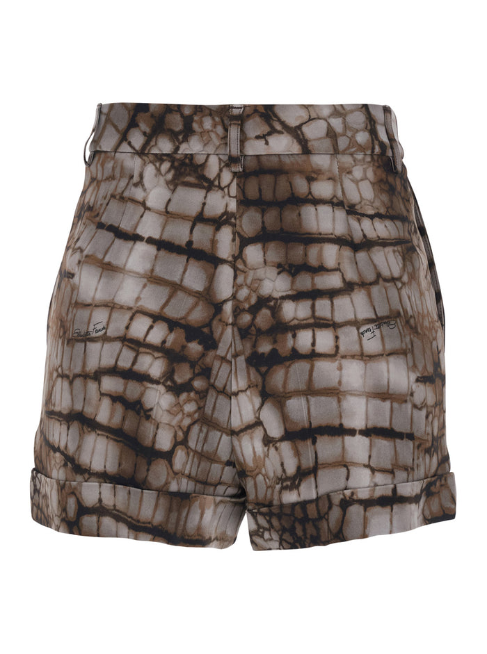 Brown Stretch Viscose Belt Loop All-Over Print Shorts for Women Elastane And Bermuda