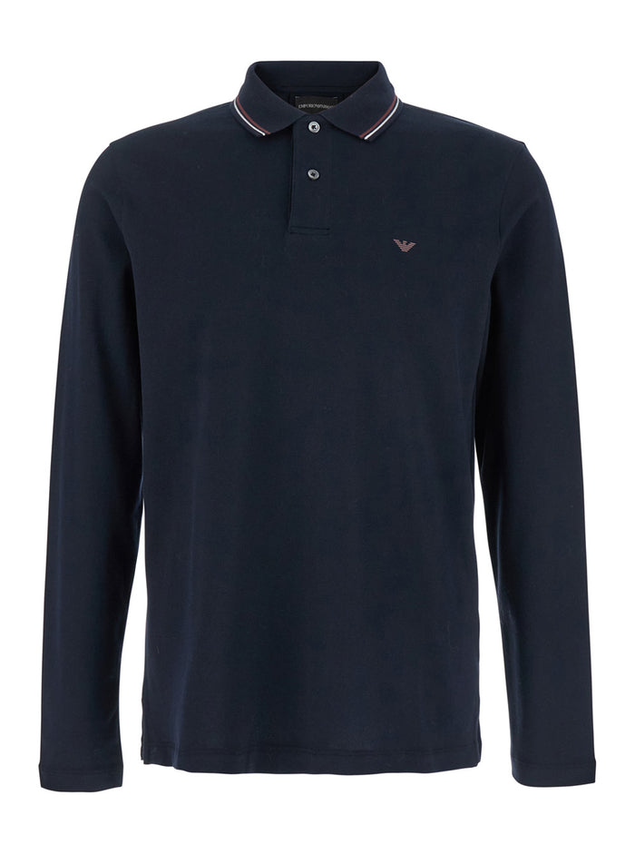 Blue Long Sleeve Polo with Logo Embroidery in Stretch Cotton for Men Blu Elastane Tshirts And Shirts