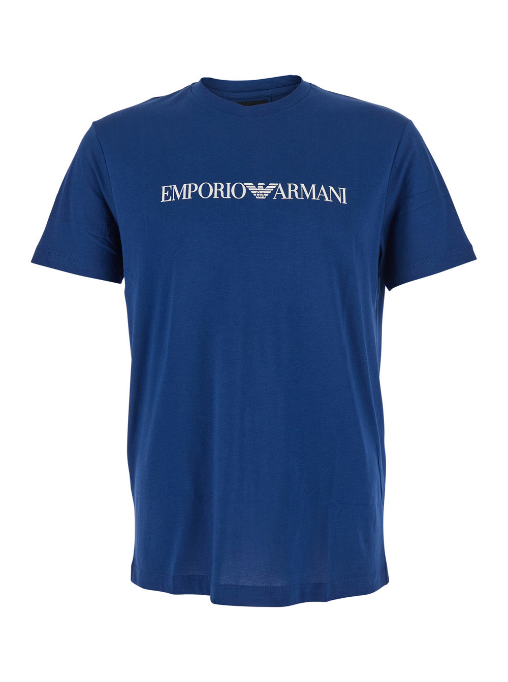 Blue Crewneck T-Shirt with Logo Lettering on the Front in Cotton Man Blu Tshirts And Polo Shirts