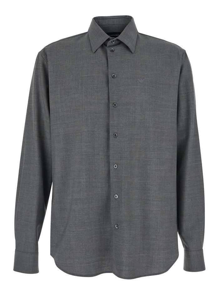 Grey Shirt With Classic Collar And Logo Embroidery On The Front In Wool For Men Virgin Elastane Blouses